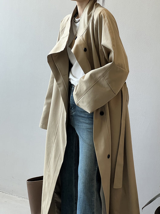 Abrigo Trinchera Largo Mujer Cuello Alzado Oversized Abotonado Simple - Image 20