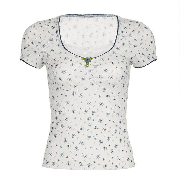 Blusa Manga Corta con Cuello Cuadrado, Pliegues y Moño de Encaje - Image 5