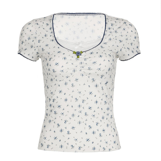 Blusa Manga Corta con Cuello Cuadrado, Pliegues y Moño de Encaje - Image 5