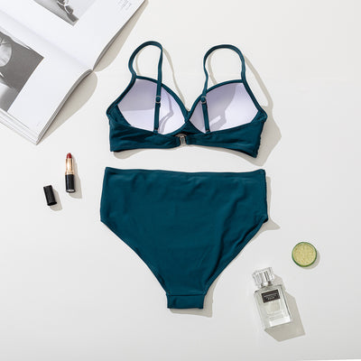 Women's black two-piece bikini with a twisted front bandeau top and high-waisted ruched bottoms. - Image 43