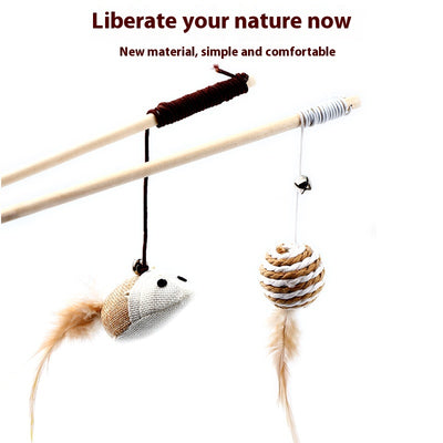 Cat teaser toy with a long wooden pole, a striped ball, brown feathers, and a small bell. - Image 2