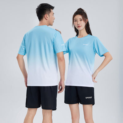Purple and white gradient short-sleeve t-shirt with 'SPORT' text and black athletic shorts for women. - Image 3