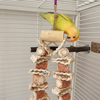 Colorful parrot bird toy with corn cobs, wood blocks, and pinecones, strung on rope with a metal hook, 50cm long. - Image 2