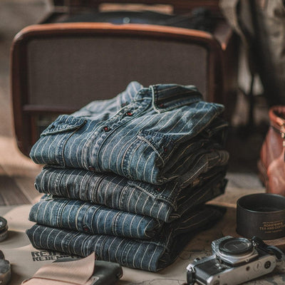 Camisa Denim Vintage a Rayas Verticales Manga Larga para Hombre - Image 2