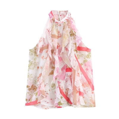 Blusa Floral Elegante con Capas Estilo Europeo Americano para Mujer