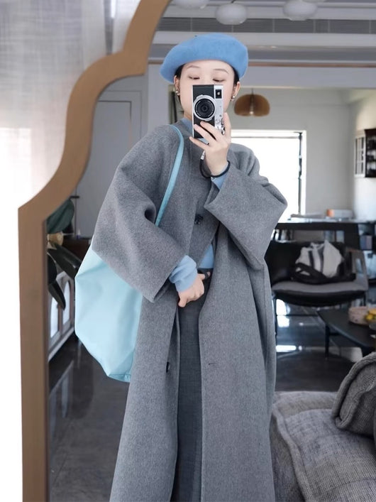 Abrigo de Lana Gris Elegante de Largo Medio para Mujer - Image 10