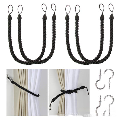 Four beige twisted rope curtain tie-backs with loops, shown with two silver screw-in hooks and on sheer white curtains. - Image 6