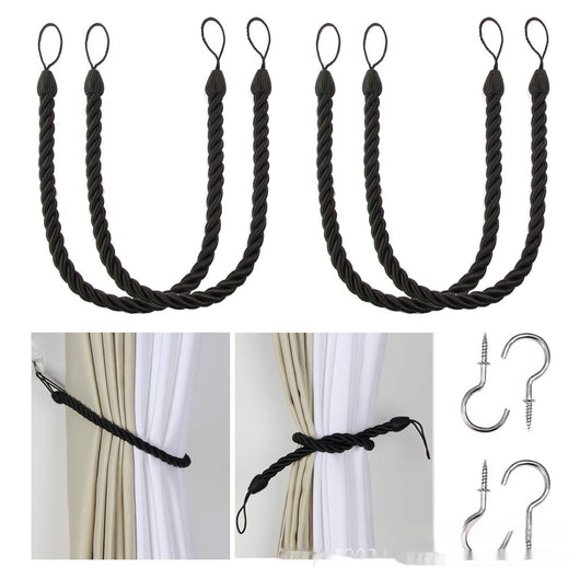 Four beige twisted rope curtain tie-backs with loops, shown with two silver screw-in hooks and on sheer white curtains. - Image 6