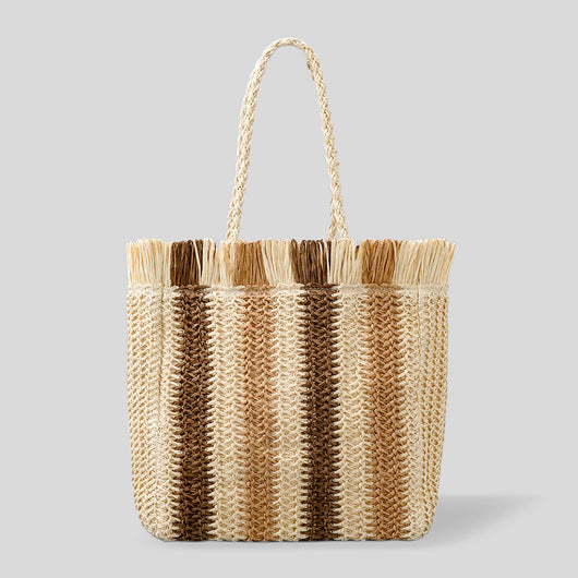 Bolsa Tote Artesanal de Rafia con Rayas y Flecos para Viajes Diarios - Image 11