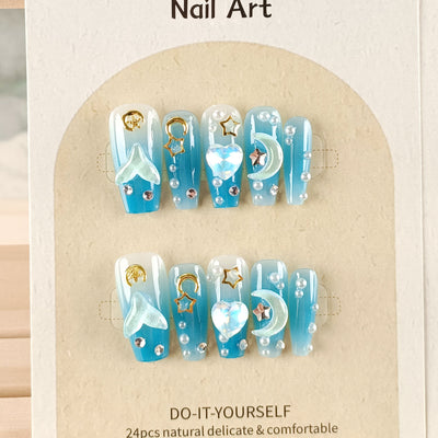 Uñas Postizas Fototerapia Sirena Degradado Estrella Luna Perla - Image 13