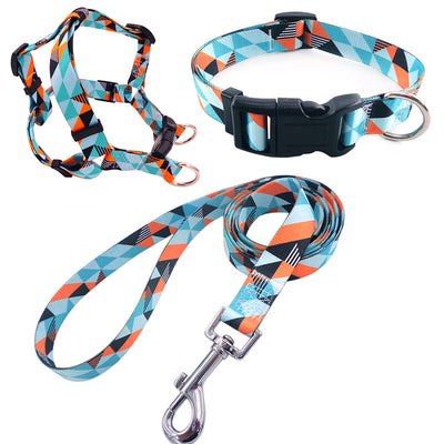 Blue geometric pattern pet collar, harness, and leash three-piece set with black buckles and silver hardware. - Image 9