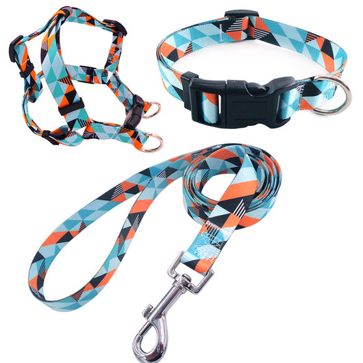 Blue geometric pattern pet collar, harness, and leash three-piece set with black buckles and silver hardware. - Image 9