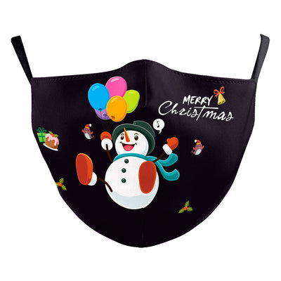 Black dustproof face mask with a digital print of Santa Claus and two reindeer in a snowy forest scene. - Image 7