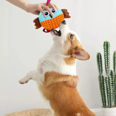 Plush owl dog chew toy in blue, brown, and orange with a chevron pattern, featuring a hanging loop. Measures 13.5cm. - Image 3