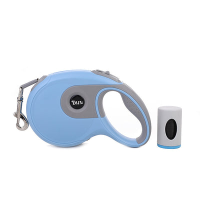 Blue and grey retractable dog leash with a black waste bag dispenser and a silver metal clip. - Image 20