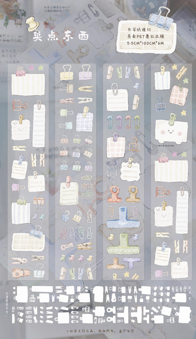 Die-cut PET tape stickers featuring pastel hand-drawn stationery like binder clips, paper clips, notepads, and clothespins. - Image 10