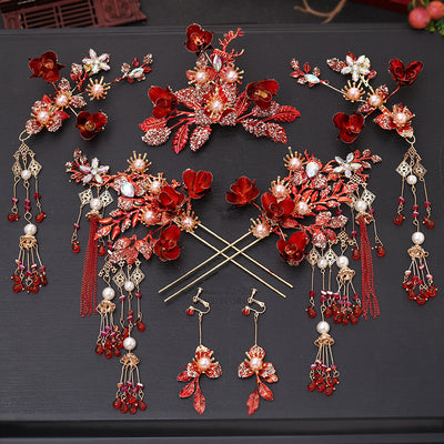 Tocado Estilo Antiguo con Flores Rojas y Flecos - Corona de Pelo Nupcial - Image 20