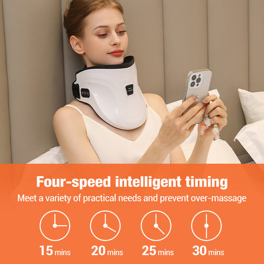 White electric neck massage instrument with hot compress, air pressure, and kneading functions, shown with remote and USB cable. - Image 2