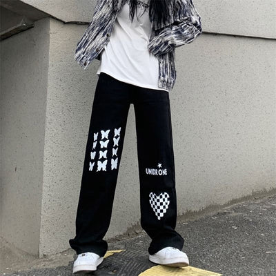 Pantalones Rectos Cintura Alta con Estampado Cuadriculado Corazones - Image 3