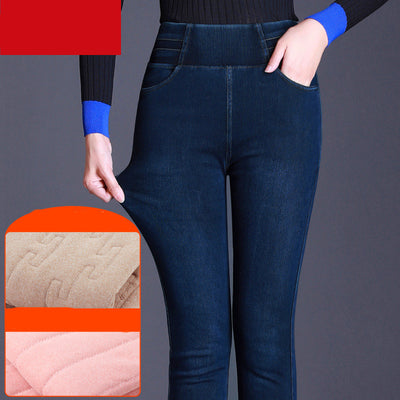 Jeans Elásticos de Cintura Alta con Terciopelo Grueso para Mujer