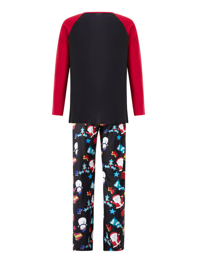 Man wearing a black and red long-sleeve Christmas pajama set with "Merry Christmas" graphic and Santa print pants. - Image 18
