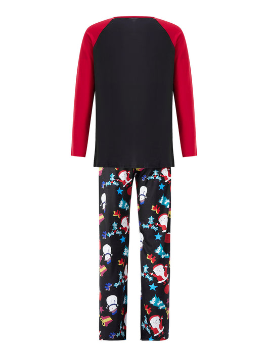 Man wearing a black and red long-sleeve Christmas pajama set with "Merry Christmas" graphic and Santa print pants. - Image 18