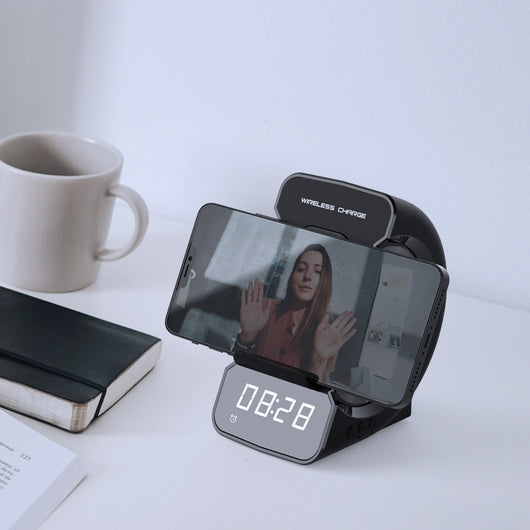 Soporte Móvil con Carga Inalámbrica, Reloj y Parlante Bluetooth - Image 4