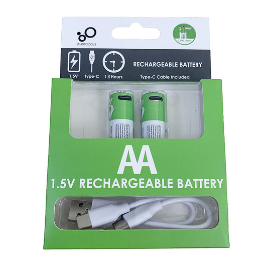 Two green AA 1.5V rechargeable batteries with Type-C ports and a white USB-C charging cable in green retail packaging. - Image 5