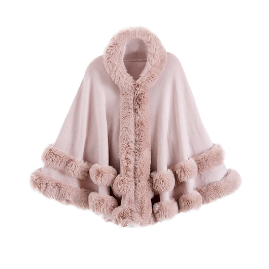Poncho Abrigo Tejido Oversized con Capucha y Cuello de Pelaje Artificial - Image 3