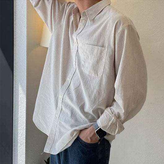 Camisa Casual Holgada de Manga Larga a Rayas para Hombre