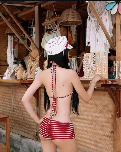 Retro striped navy-style two-piece swimsuit set with a halter bikini top and boy short bottoms. - Image 9