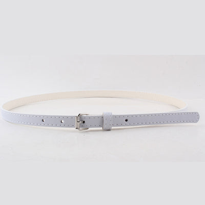 Thin brown imitation leather belt with a small silver D-shaped pin buckle, displayed on a white background. - Image 10