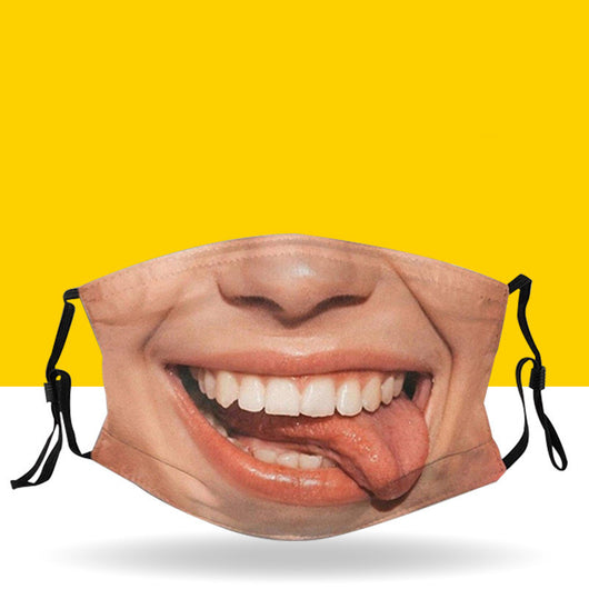 Novelty face mask with a realistic print of a smiling man's lower face and a prominent brown mustache. - Image 21