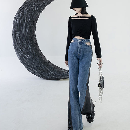 Pantalones Vaqueros Mujer Diseño Original con Detalles Calados y Contraste de Colores