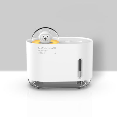 White square humidifier with a clear base, featuring a cute white bear figure in a clear dome, labeled "SPACE BEAR Humidifier 300 ml". - Image 6