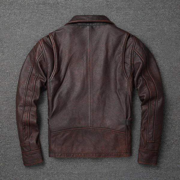Chaqueta de Cuero Genuino Motociclista Vintage Desgastada para Hombre