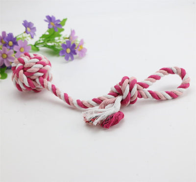 Blue, white, and light blue braided cotton rope dog toy with a knotted ball and loop handle. - Image 3