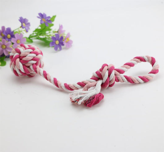 Blue, white, and light blue braided cotton rope dog toy with a knotted ball and loop handle. - Image 3