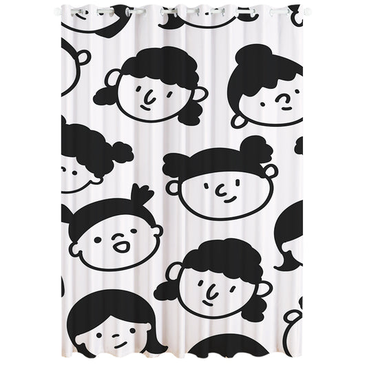 White curtain with a repeating pattern of black outline cartoon faces, featuring grommet top for easy hanging. - Image 16