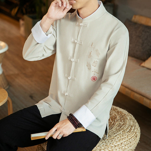 Camisa Retro Bordada para Hombre Estilo Chino Primavera Otoño