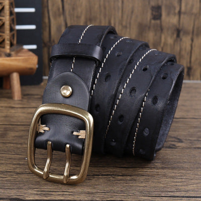 Cinturón de Cuero Premium con Hebilla Brass Retro y Costura Doble Aguja para Hombre - Image 23