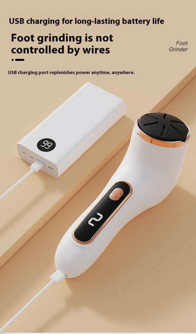 Ivory white electric foot grinder with digital display, power button, and three interchangeable grinding heads. - Image 15