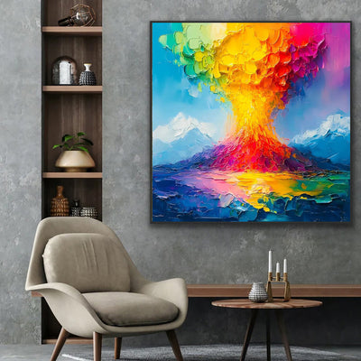 Cuadro Óleo Artesanal Erupción Volcánica - Lienzo Grueso Naranja y Azul