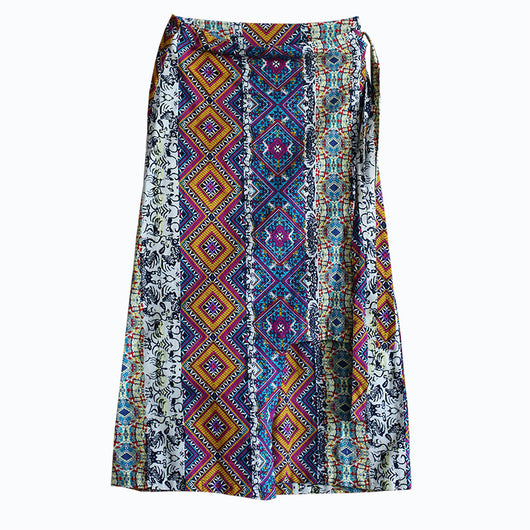 Falda Larga de Lino y Algodón con Estampado Retro - Corte A Irregular Talla Grande
