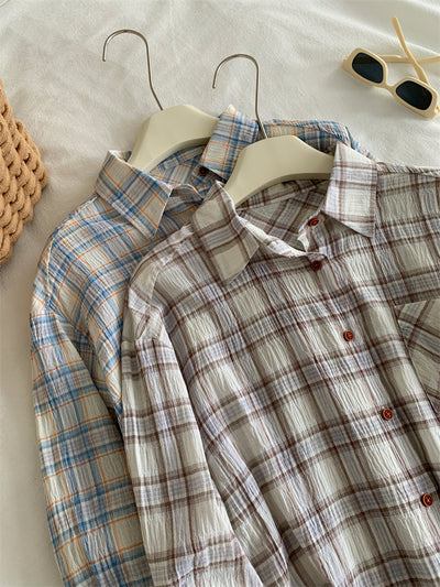 Camisa Cuadriculada de Algodón Retro Lavado Artístico para Mujer - Image 11