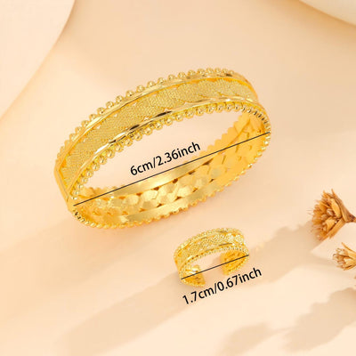 Vintage gold-plated open cuff bracelet and matching open ring with chevron pattern and beaded edges. - Image 12