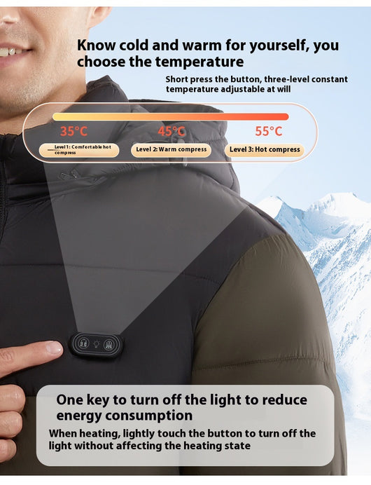 Man and woman modeling black smart heating puffer jackets with hoods, zippered pockets, and horizontal quilting. - Image 8