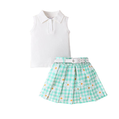 Conjunto de Tres Piezas para Niña: Top Sin Mangas a Rayas con Falda Cuadros Margarita y Cinturón - Image 4
