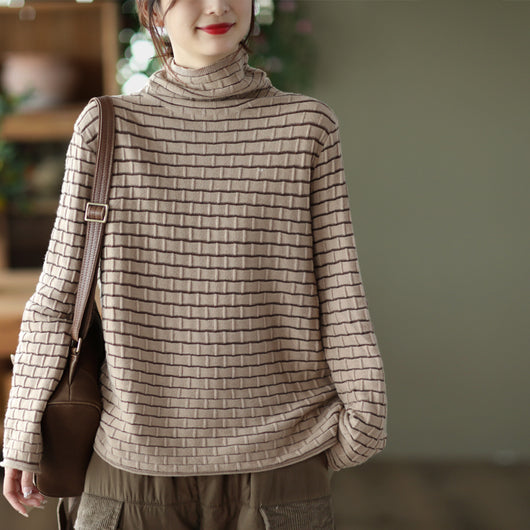 Blusa Cuello Alto Texturizada Retro para Mujer - Otoño Invierno
