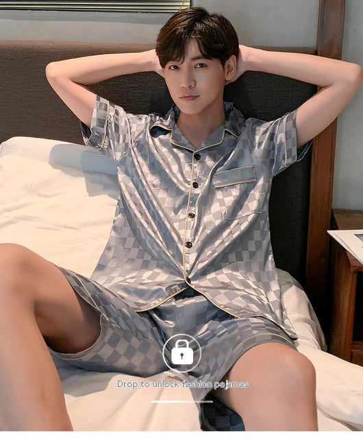 Pijama Hombre Verano Seda Hielo Talla Grande Manga Corta Jacquard Suave - Image 32